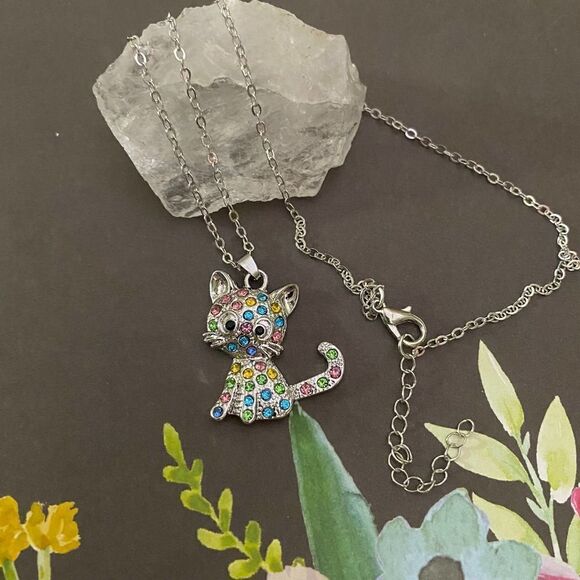 Kitty Cat CZ Silver Necklace - Picture 1 of 5